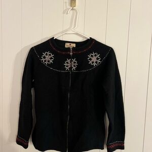 Woolrich Women’s Black Zip-Up Wool Sweater Jacket Snowflake Embroidery Size L